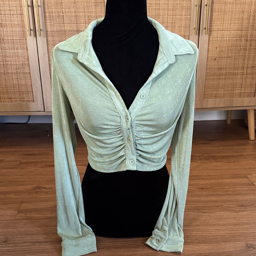Elegant Mint Button Down Ruched Shirt